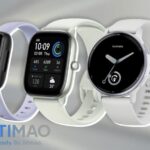 Three modern fitness smartwatches for health tracking with Stimao logo