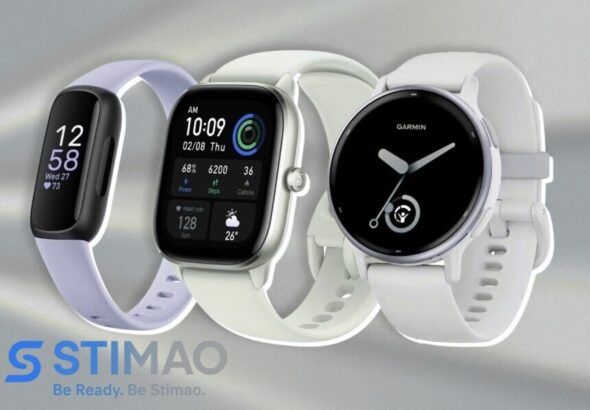 Three modern fitness smartwatches for health tracking with Stimao logo