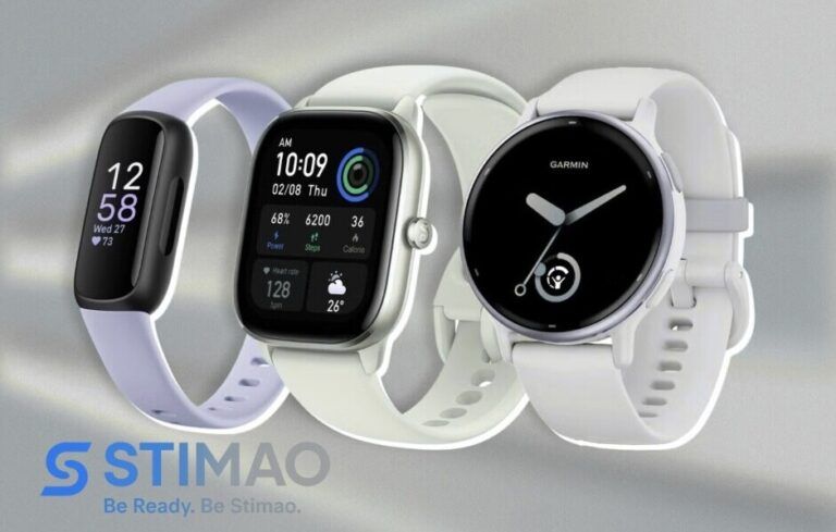 Three modern fitness smartwatches for health tracking with Stimao logo