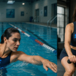 Female athlete swimming and woman cycling indoors wearing Stimao activewear